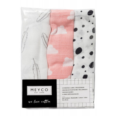 Meyco 3 hydrofiele luiers/spuugdoeken veren-wolken-stippen